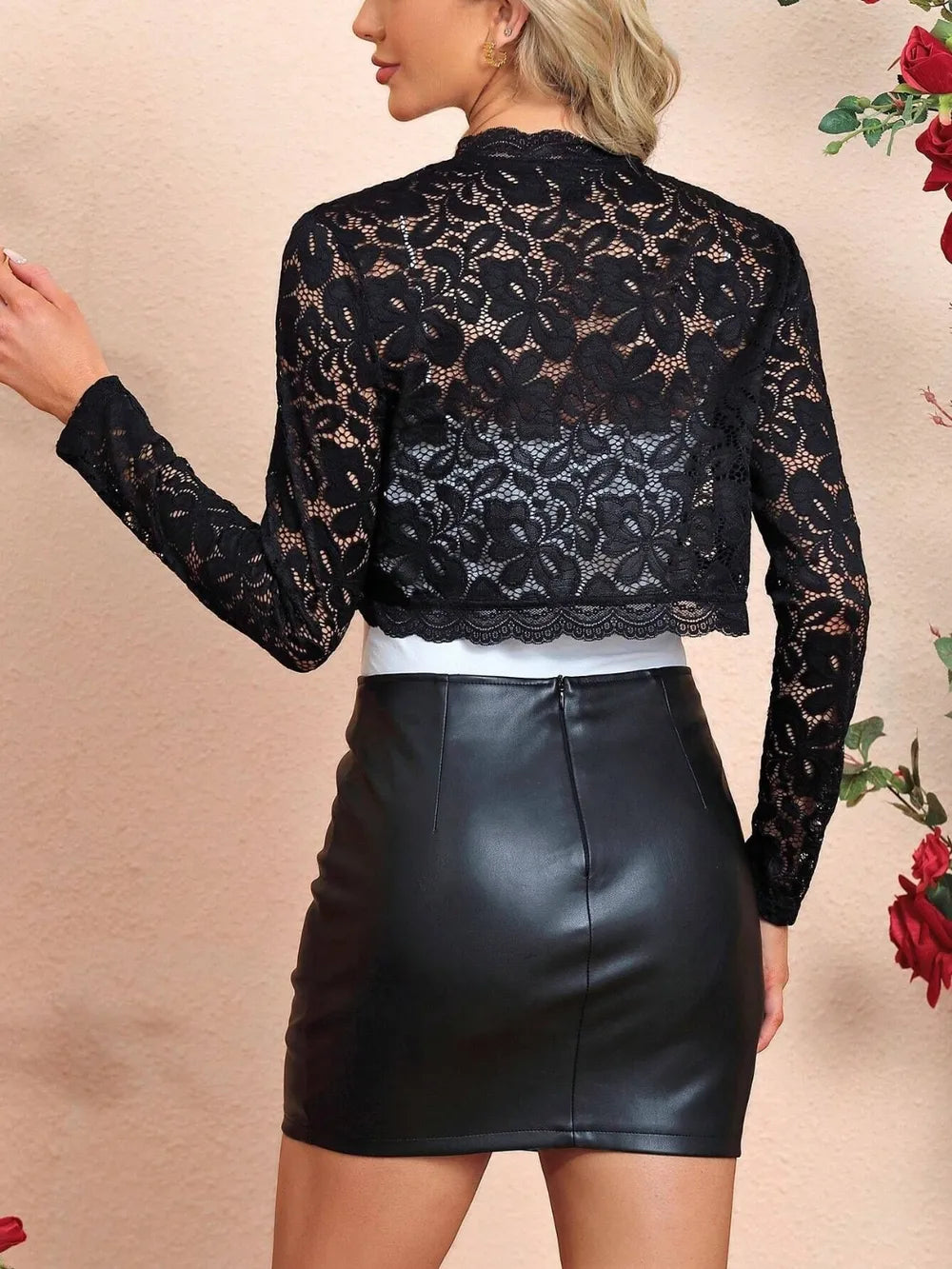 Black lace open-front cardigan with floral design, showing the back view of the Trendsi Meadow Lace Coverup.