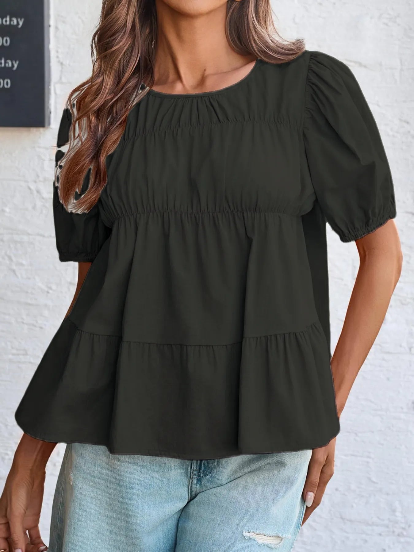 Soft Meadow Silhouette puff sleeve tiered cottage blouse by Trendsi, featuring feminine ruffled design and lightweight fabric.