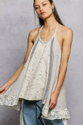 Light taupe lace ruffle halter neck blouse with double gauze fabric and crochet patch details, stylish Trendsi top.