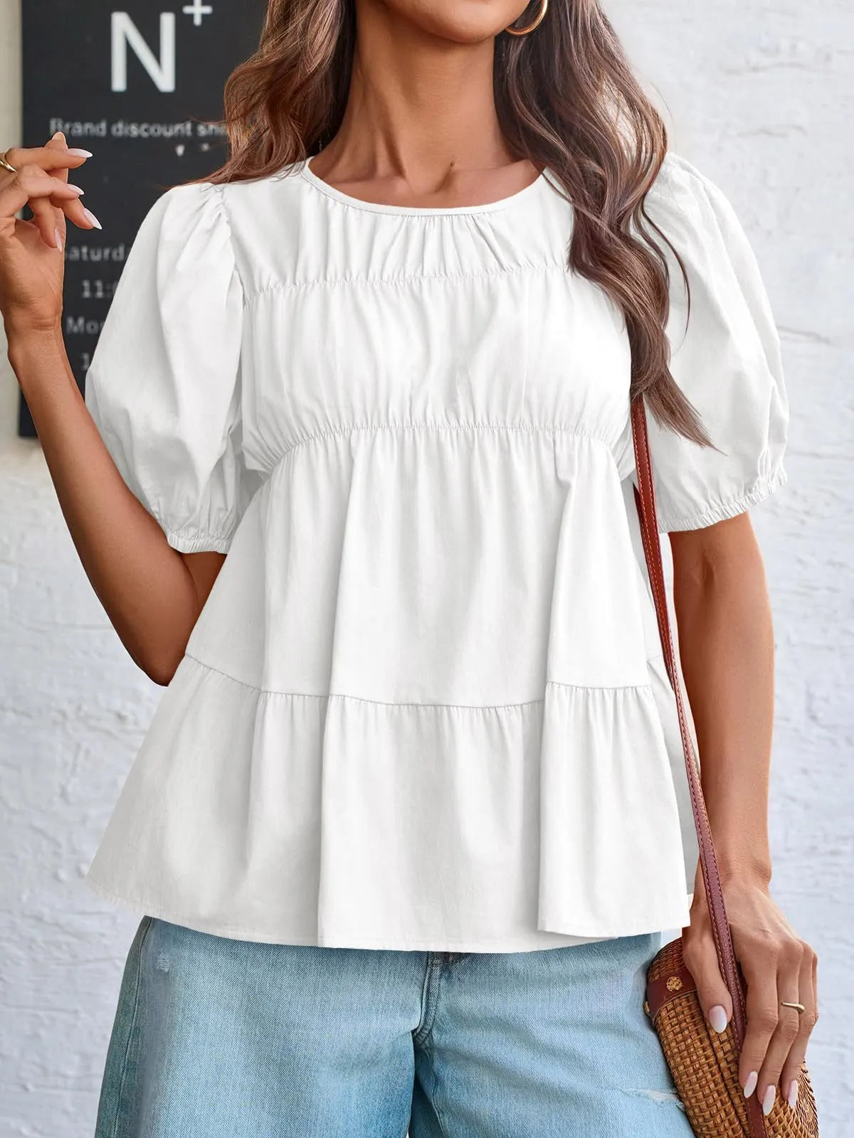 Soft Meadow Silhouette puff sleeve tiered cottage blouse by Trendsi with ruffled details and lightweight fabric.