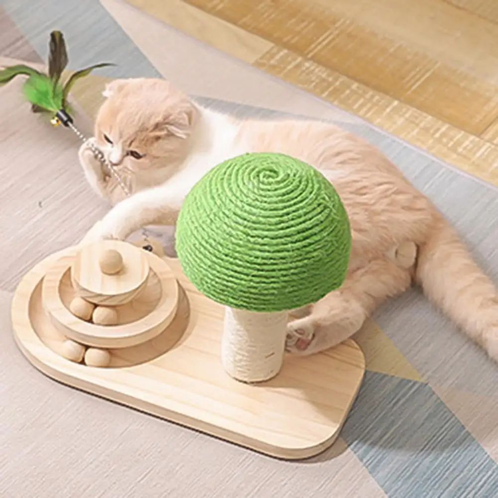 Sisal rope mushroom-shaped cat scratching post with interactive ball track, wooden 2-in-1 cat accessory by 24 Hour Crafts