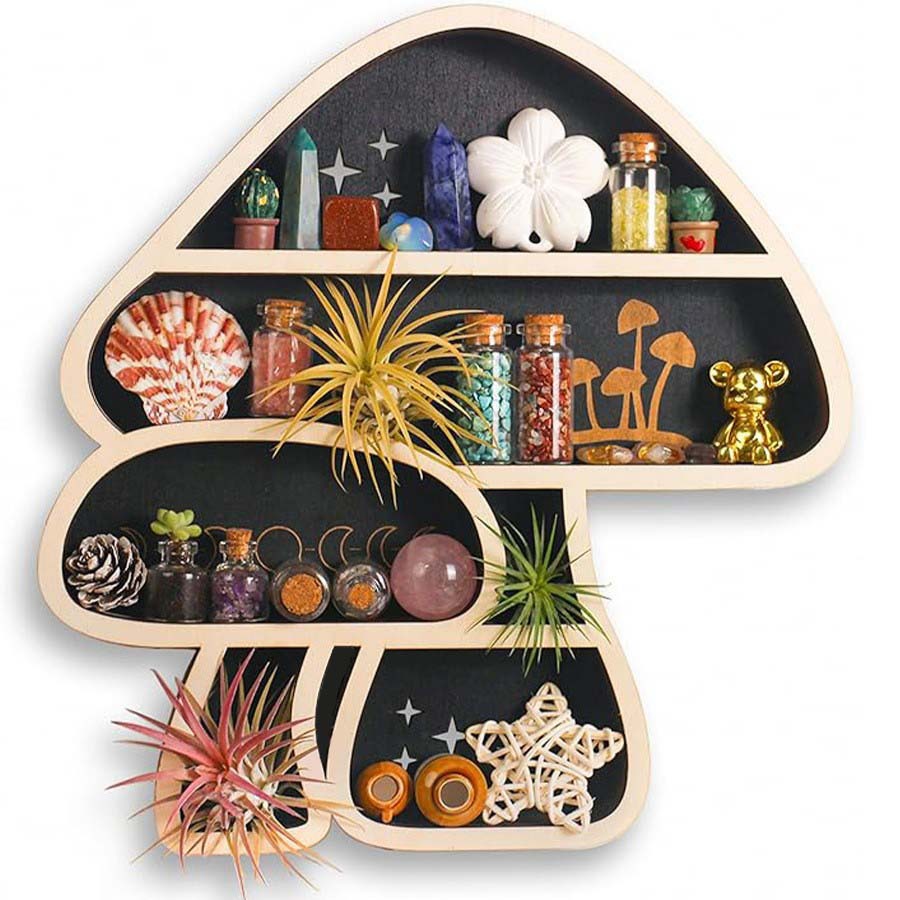 Creative wooden mushroom wall shelf by cjdropshipping, whimsical woodland display rack for home decor and storage.