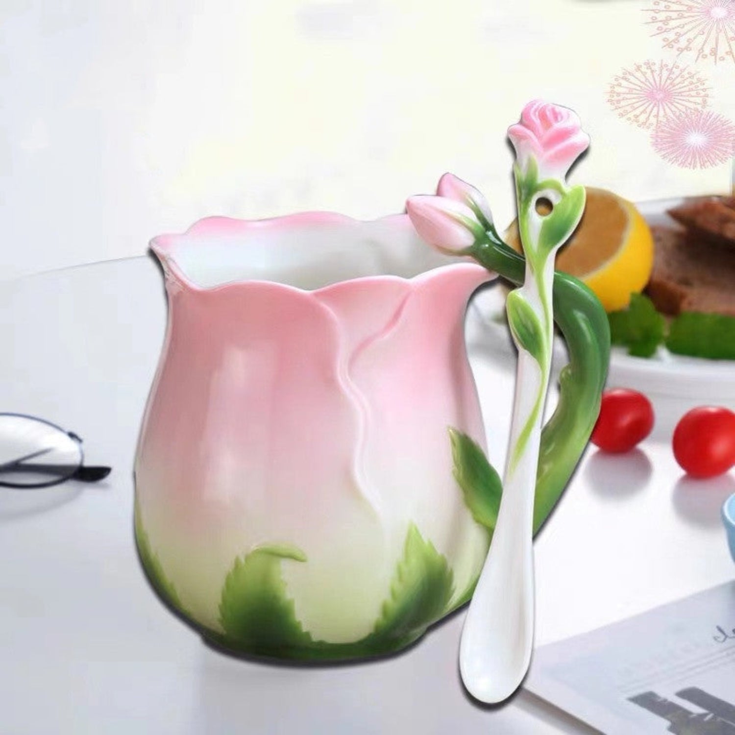 Pink vintage rose ceramic teacup with floral stirrer, handmade rosebud design, by 24 Hour Crafts.
