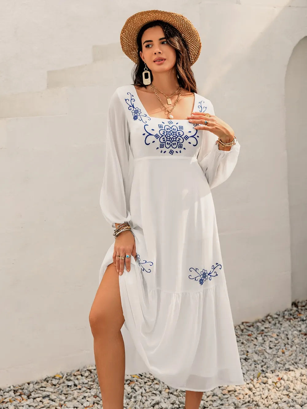 Front view of a Trendsi romantic floral square-neck balloon sleeve dress on a model, featuring soft floral print and whimsical cottagecore style.