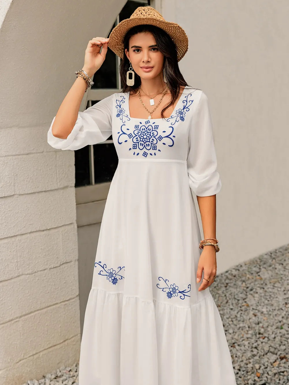 Front view of Trendsi's romantic floral square-neck balloon sleeve dress, featuring soft print and whimsical cottagecore style.