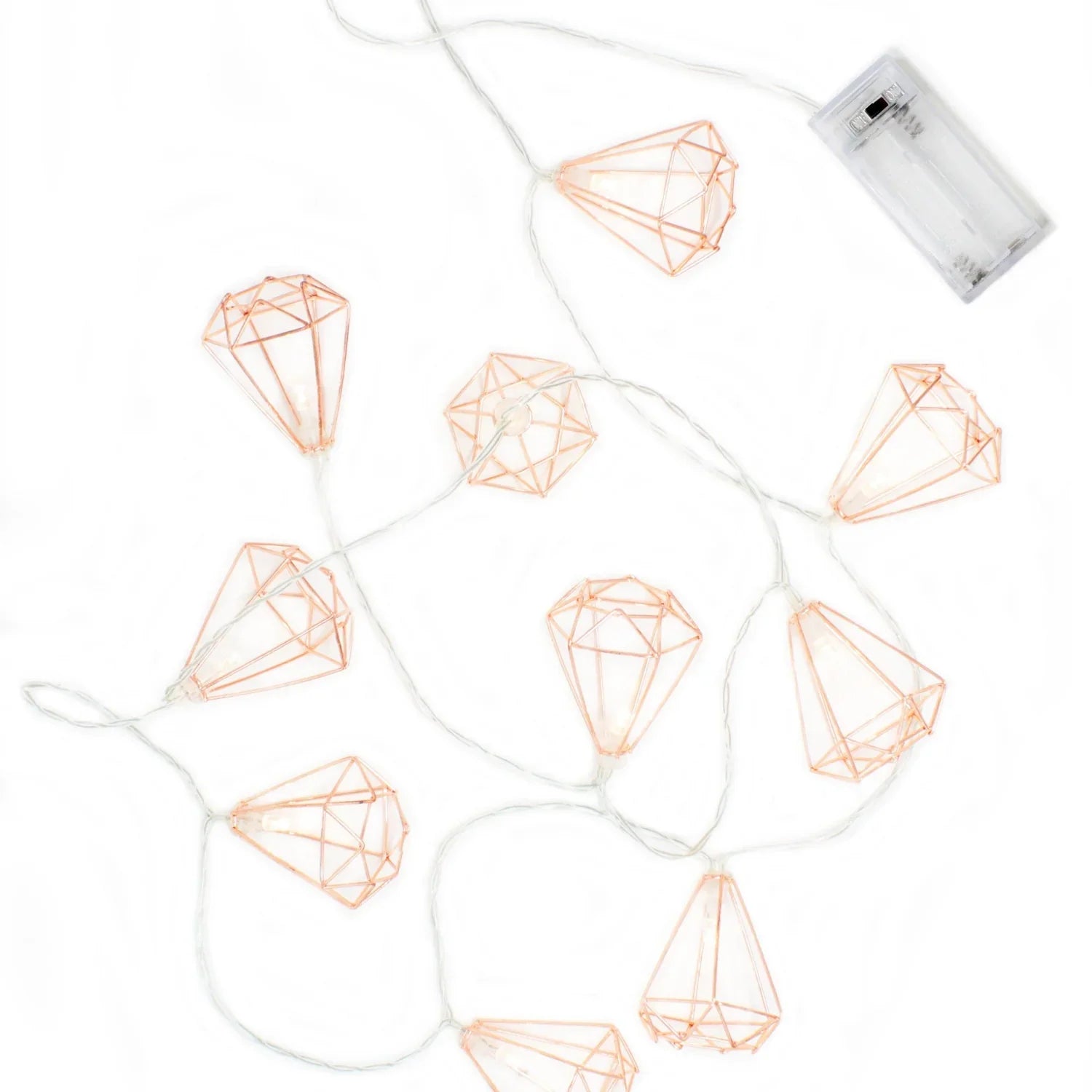 Rose gold LED string fairy lights with geometric design, battery operated, perfect for holiday or decorative use by Perfect Holiday.