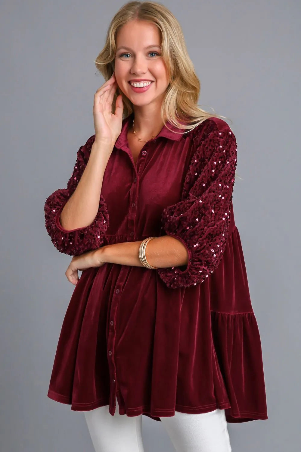 Light pink Starlit Wine Sequin Tiered Back Blouse by Trendsi, featuring shimmering sequins and a layered tiered design.