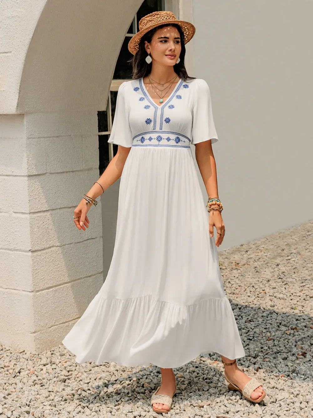 White Briar Cottage Dress by Trendsi featuring a front view of a lightweight, flowy white dress on a model.