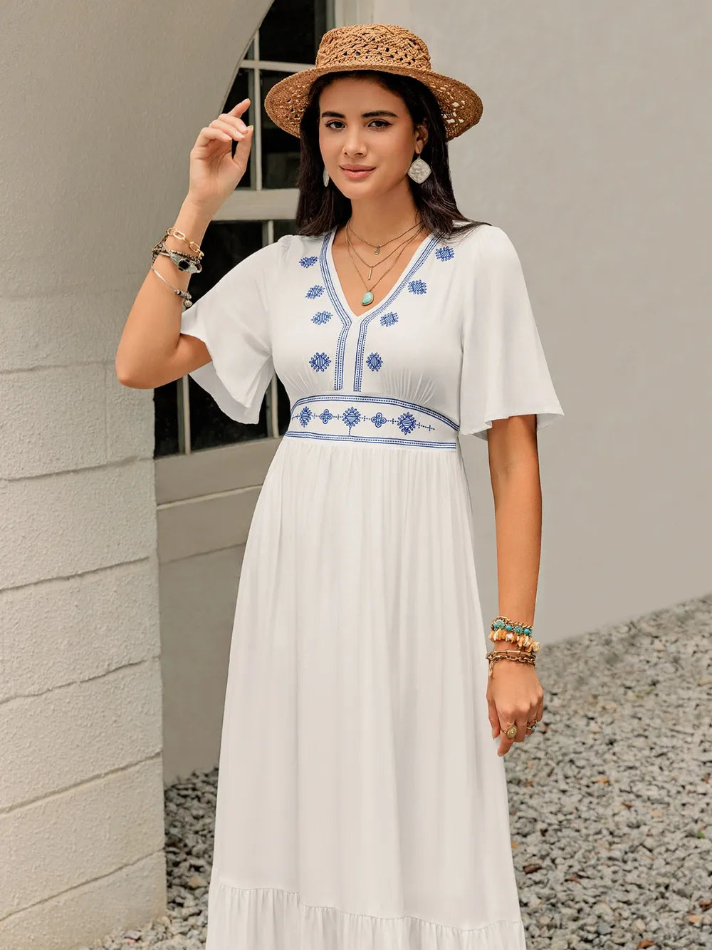 White Briar Cottage Dress by Trendsi, front view of a stylish white dress with cottage-inspired design on a model.
